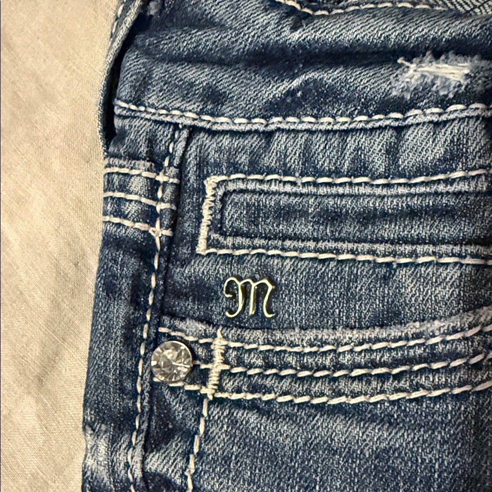 Miss Me Blue Boot Cut Jeans with White embroidery with Jewels - Picture 4 of 5